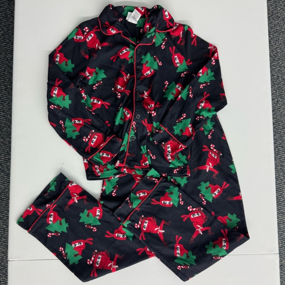 Up Late - Festive Holiday Pajama Set - Black with Red and Green Youth size 10